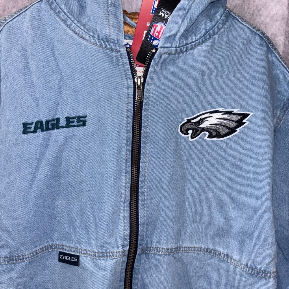 NWT NFL Philadelphia Eagles Blue Denim NFL Official Mens XL Heavy Hooded Jacket - Picture 8 of 8